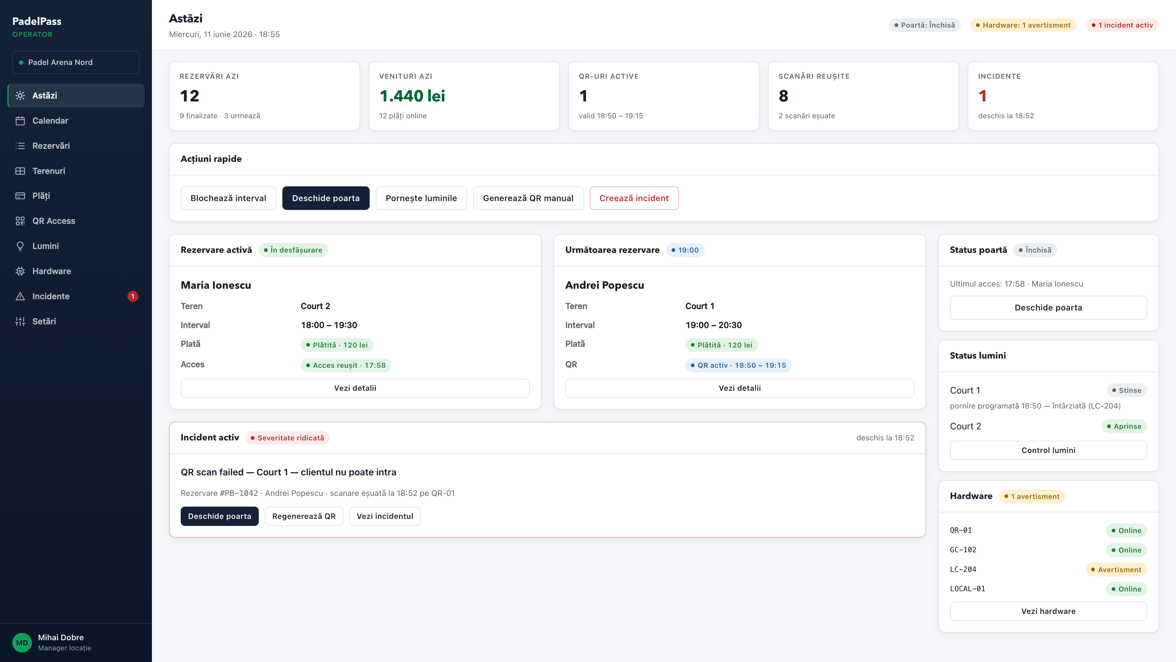 Dashboard operator PlayPass — vedere Astăzi